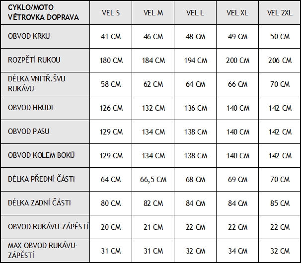 Tabulka velikostí oblečení do deště značky O2 Rainwear