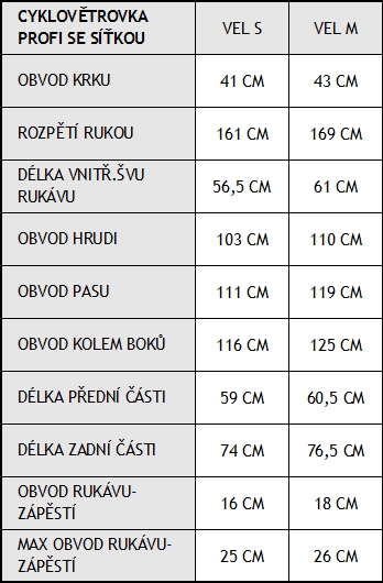 Tabulka velikostí oblečení do deště O2 Rainwear